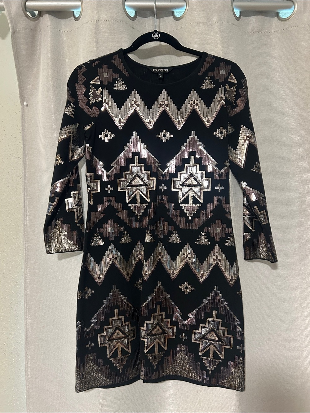 Express Black Long Sleeve Sequin Geo Shift Dress with Metallic Accents